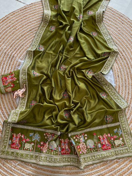 MOTI HANDWORK BORDER On Bluming Vichitra Silk saree