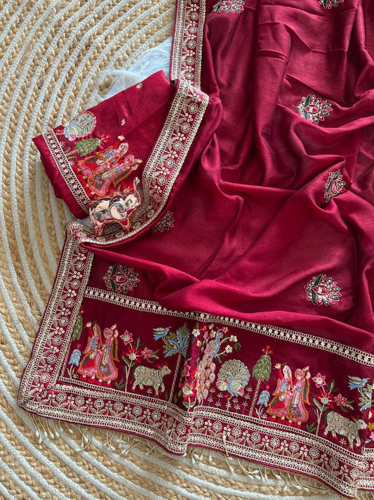 MOTI HANDWORK BORDER On Bluming Vichitra Silk saree