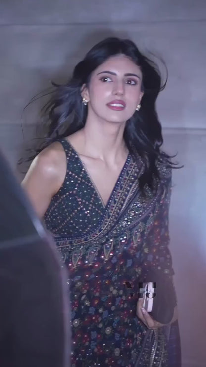 Splendorous Navy Blue Georgette Silk Printed Sequence Diamond Work Saree